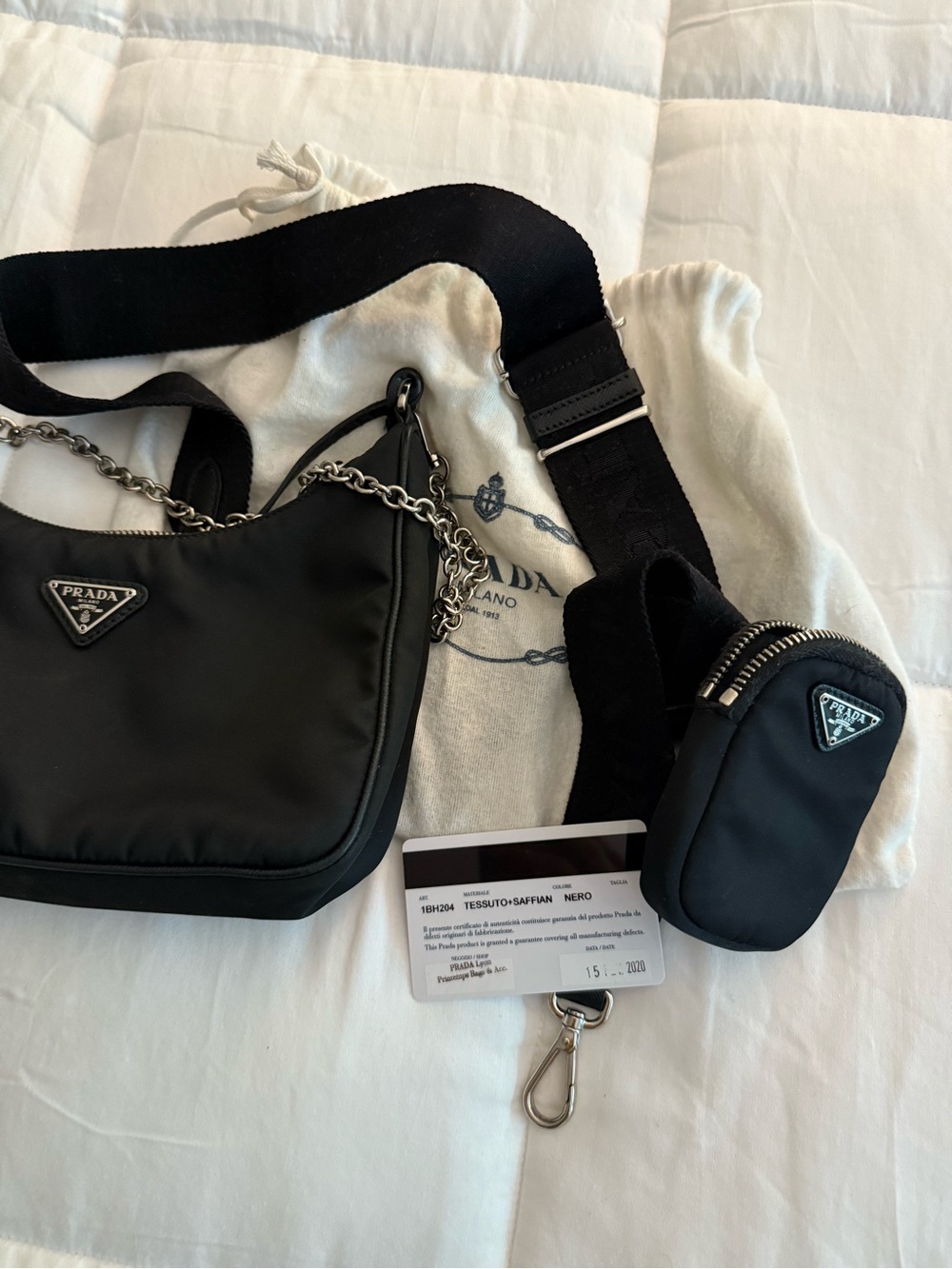 Prada Black Nylon Belt Bag with Chain Detail and Detachable Pouch